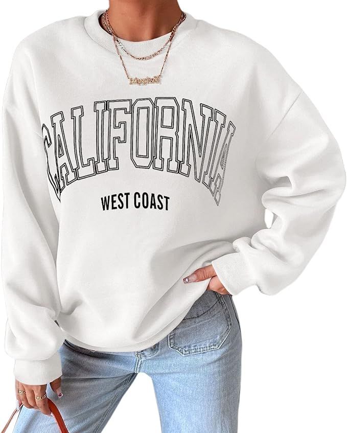 Mutumobo Women Oversized California Letter Graphic Fleece Sweatshirt Long Sleeve Crewneck Drop Sh... | Amazon (US)
