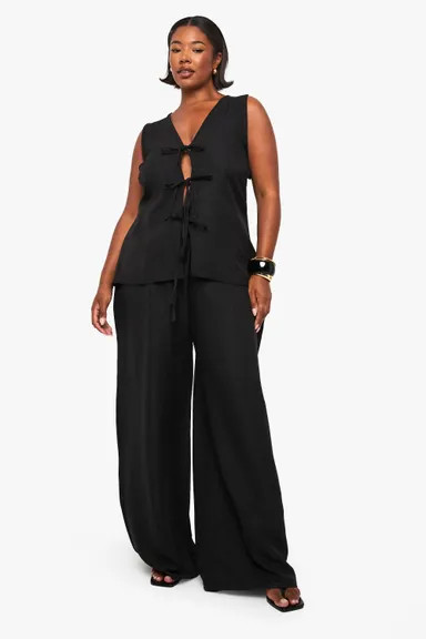 PLUS LINEN LOOK TIE FRONT TOP AND WIDE LEG TROUSER CO-ORD | boohoo (US & Canada)