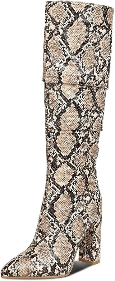 wetkiss Rhinestone/PU Low Chunky Pointed Toe Knee High Boots for Women with Full Bling Sparkly Cr... | Amazon (US)