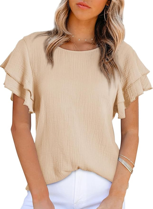 Dokotoo Womens Tops Ruffle Short Sleeve Crewneck Shirts Solid Casual Loose Babydoll Blouses | Amazon (US)