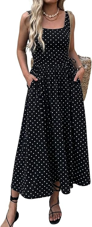 Mieazom Women’s Boho Summer Maxi Dress with Pockets, Adjustable Waist, Sleeveless Casual Ruched... | Amazon (US)