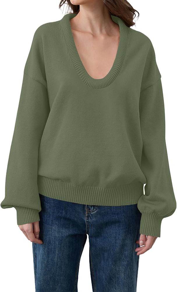 Livtany Women’s Oversized Ribbed Deep V Neck Sweater Long Sleeve Drop Shoulder Pullover Top Cas... | Amazon (US)