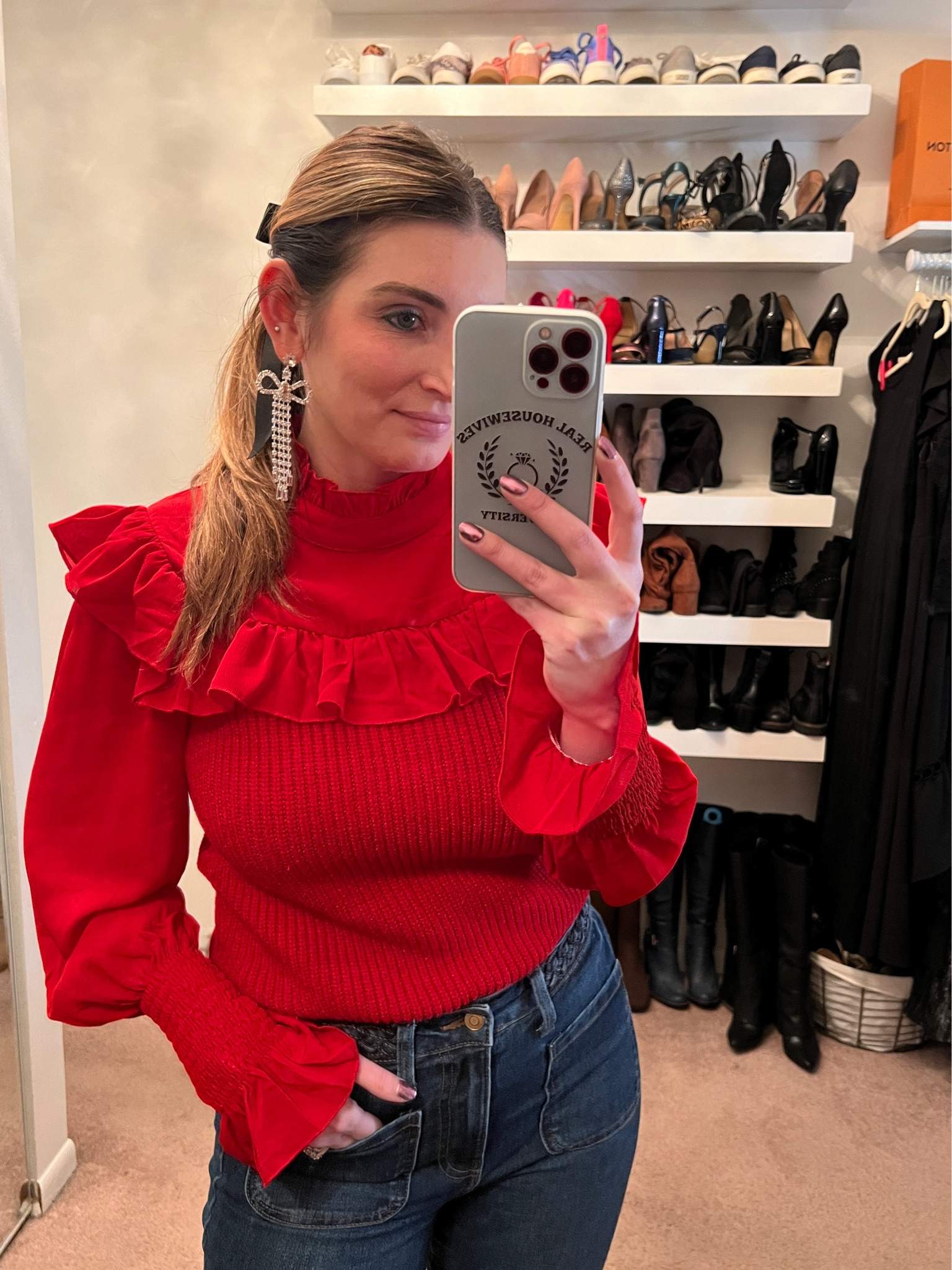 Amazon sweater, festive sweater, red sweater, Christmas sweater, holiday sweater, casual outfit, workwear, rhinestone bow earrings, bow hair clips, hair bows, Christmas outfit, holiday outfit 

#LTKHoliday #LTKfindsunder50 #LTKstyletip