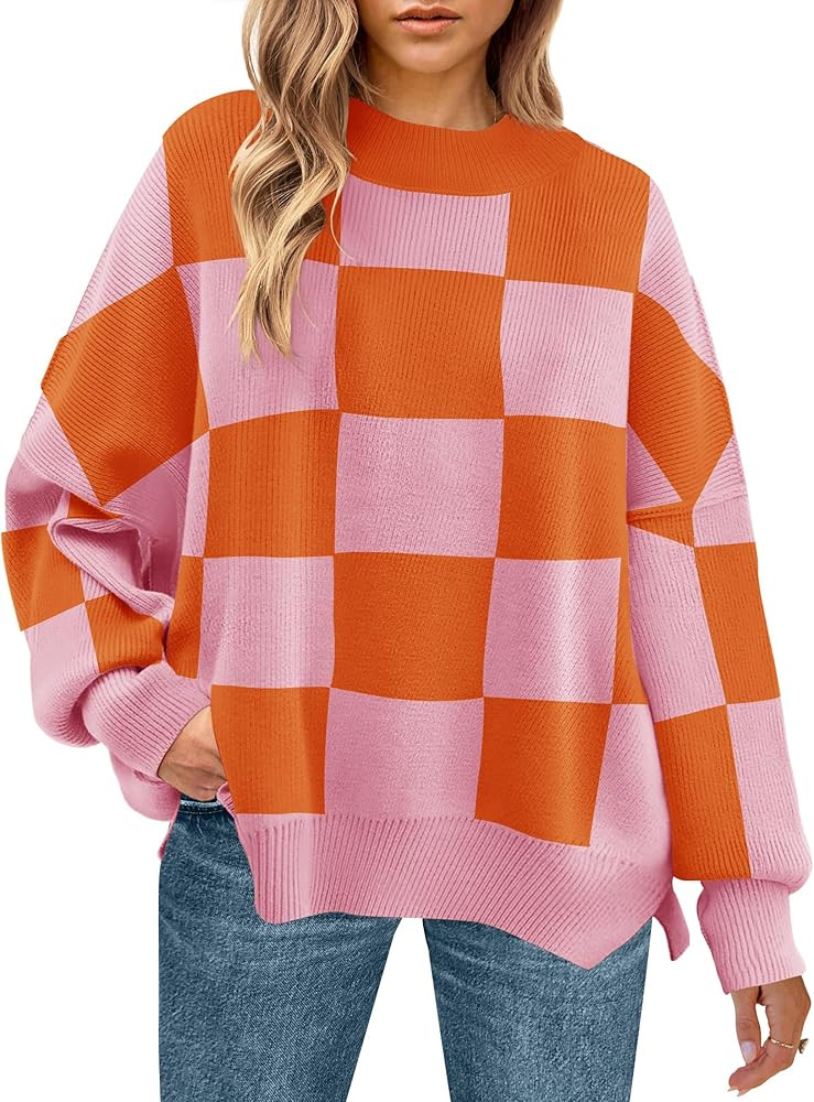 ZESICA Women's Winter Oversized Sweaters Long Sleeve Color Block Mock Neck Side Slit Comfy Loose ... | Amazon (US)