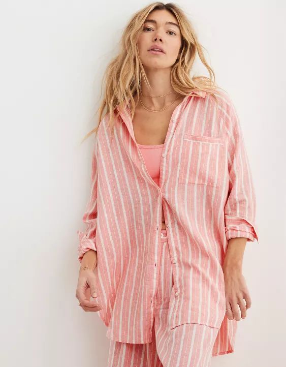 Aerie Pool-To-Party Linen Edition Cover Up Shirt | American Eagle Outfitters (US & CA)