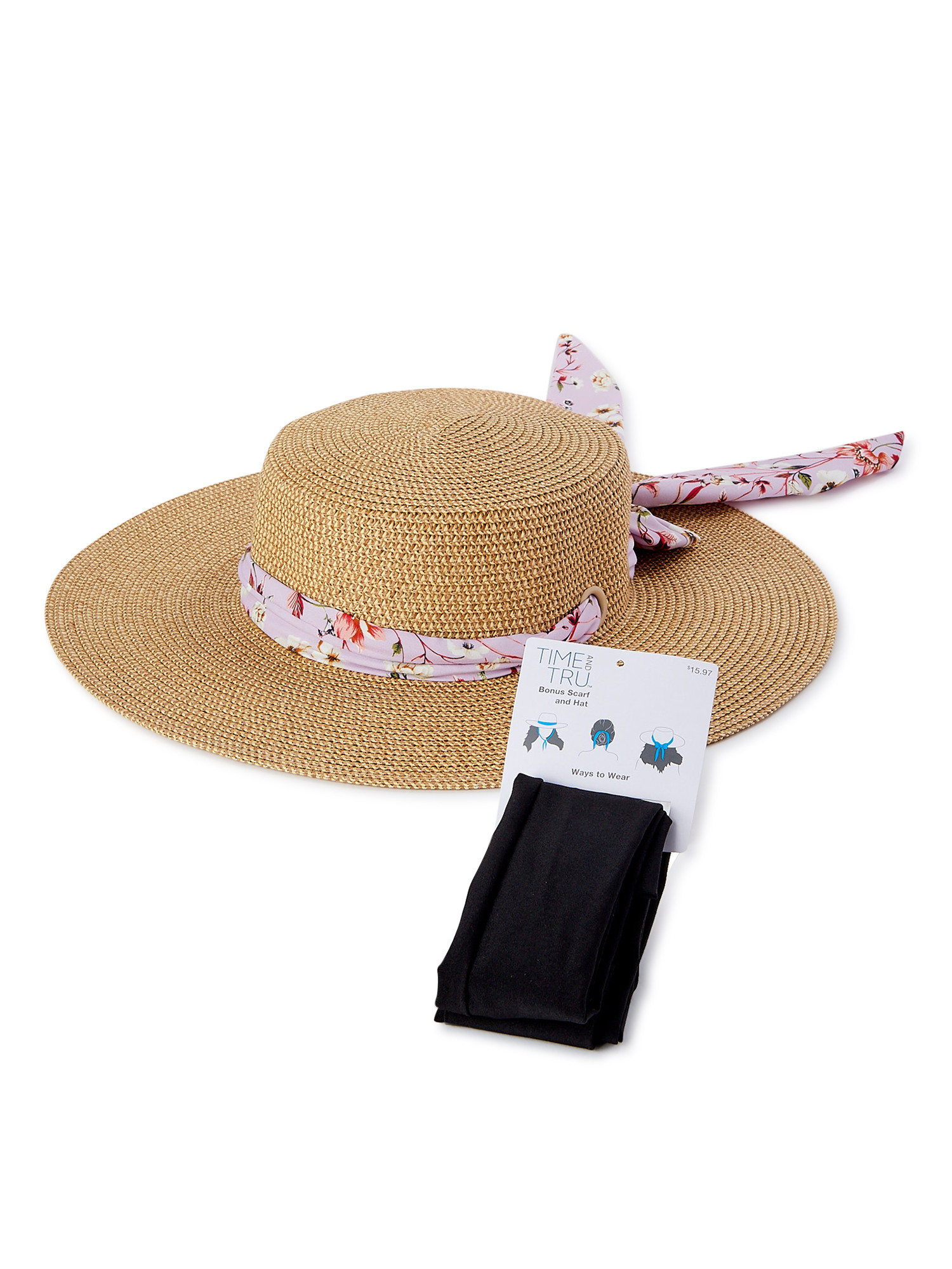 Time and Tru Women's Boater Hat with Removable Scarf | Walmart (US)