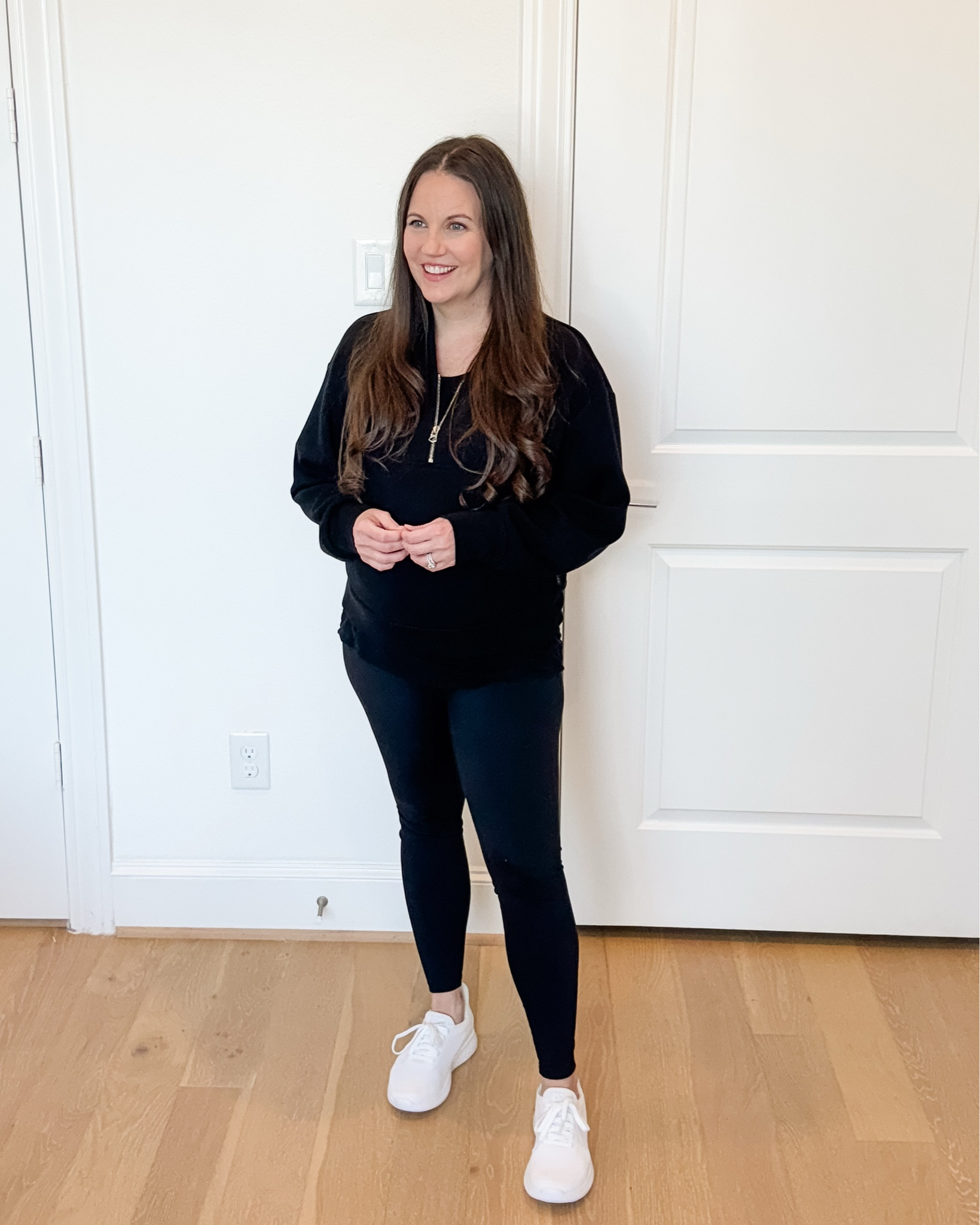 Cozy loungewear vibes all season long. This all black outfit has been on repeat for both fall and winter—so simple, comfy, and maternity-friendly. The black half zip pullover sweater + black over the belly pregnancy leggings + black maternity tee combo is perfect for errands, travel days, or just staying comfy at home. Paired with white sneakers for a clean finish.
Such a good maternity outfit that also works as everyday workout clothes!
Shop the full look below 🖤


#LTKBump #LTKootd #LTKSeasonal