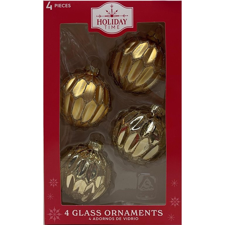 Gold Glitter Glass Christmas Ornaments, 3 in, 4 Count, by Holiday Time | Walmart (US)