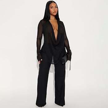 Amazon.com: YOUFE Women's Sexy 2 Piece Outfits Mesh See Through Deep V Neck Top and Long Pants Se... | Amazon (US)