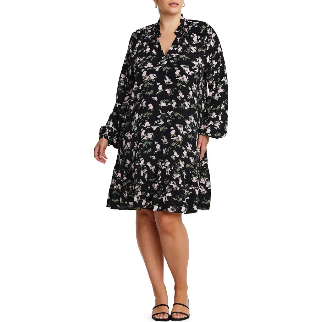 Estelle Pink Blossom Long Sleeve Floral Print Dress in Black/Leaf at Nordstrom Rack, Size 18W | Nordstrom Rack