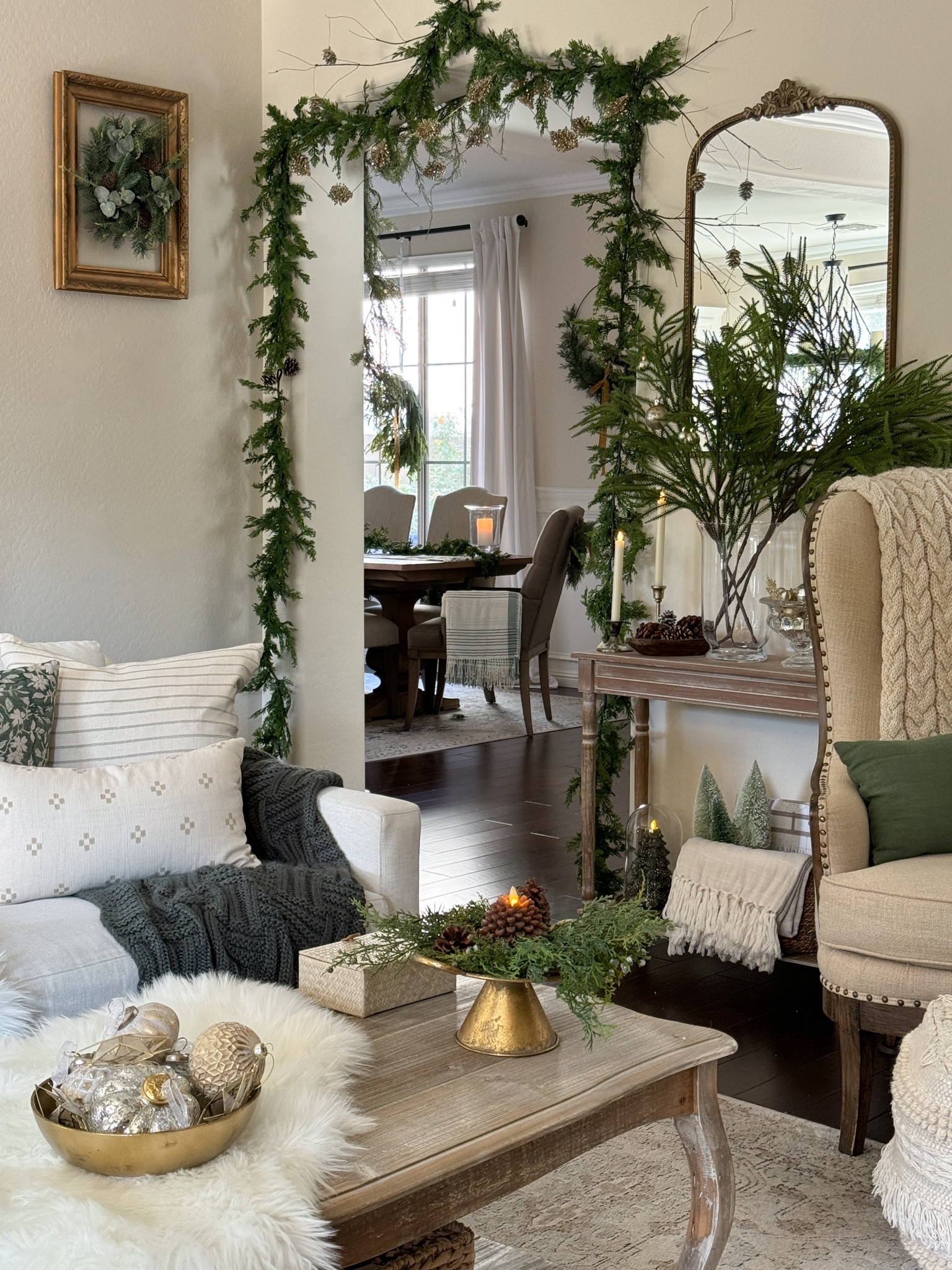 Enchanted Christmas ✨🎄

Christmas decor, holiday decor, faux fur, greenery, garland, antique mirror, cable knit throw, holiday pillows, 

#LTKHoliday #LTKSeasonal #LTKhome