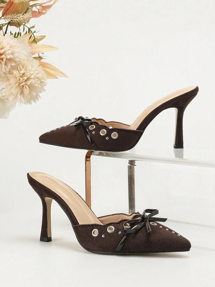 Women's Fashion Pointed Toe Burgundy Bow Decor Party Slip-On Stiletto High Heels | SHEIN