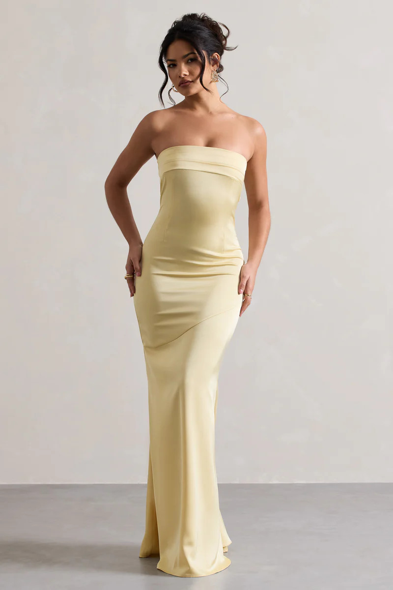 Colada | Lemon Satin Pleated Bandeau Maxi Dress | Club L London