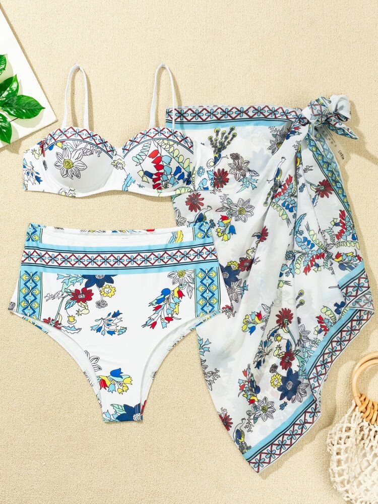 3pack Floral Push Up Bikini Swimsuit & Beach Skirt | SHEIN
