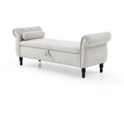 Okak 63IN Multifunctional Velvet Storage Bench with Buttons Tufted and Nailhead Decoration, Storage Ottoman with Wood Legs and 1 Pillow, Beige | Target