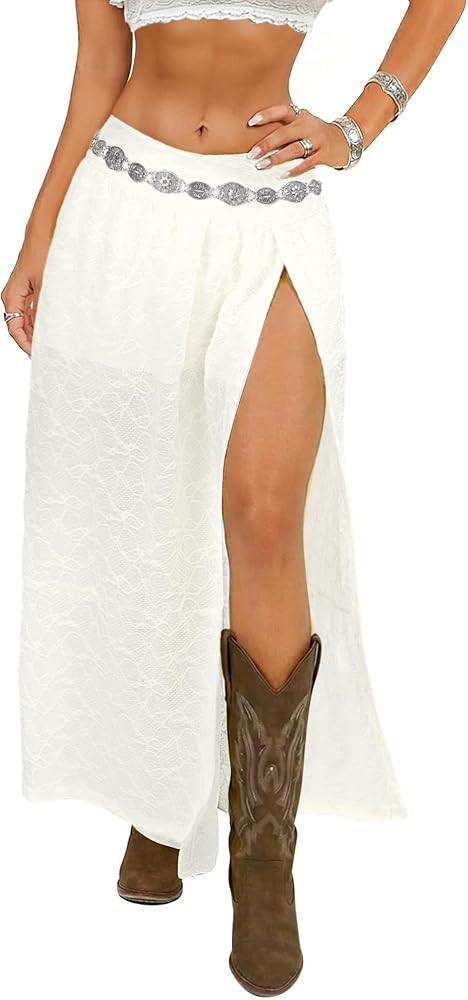 Women's Western Boho Lace Maxi Skirt High Slit Cowgirl Skirts Sexy Beach Skirt Country Concert Ou... | Amazon (US)