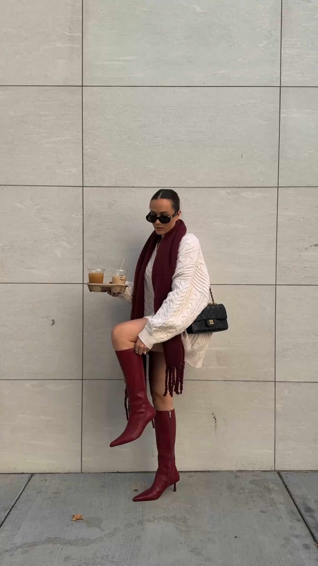 Oversized neutral sweater outfit styled with a chunky scarf and matching boots - loving anything burgundy for fall! 

#LTKStyleTip #LTKShoeCrush #LTKSeasonal