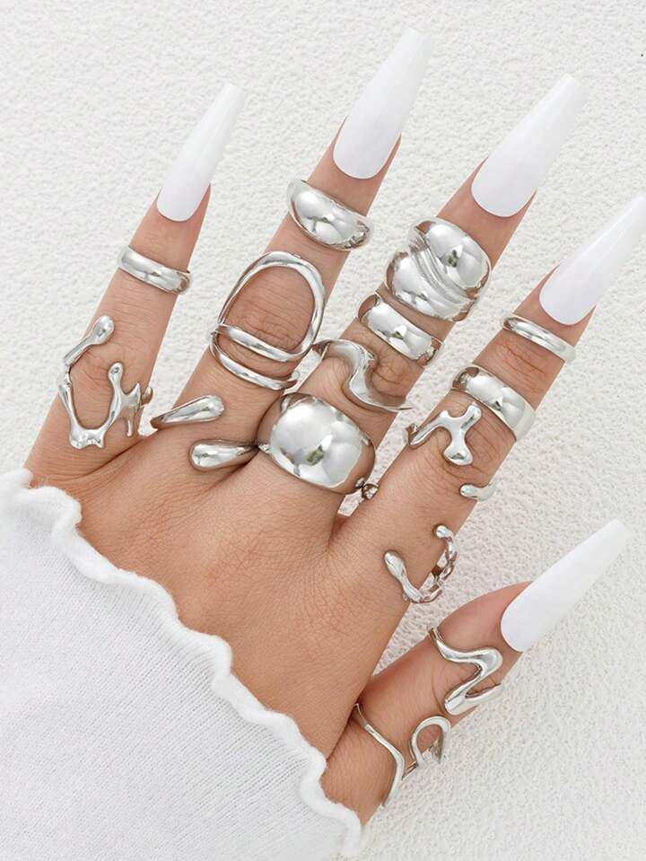 15pcs Set Exaggerated Asymmetrical Fluid Design Rings For Women, Daily Wear, Casual, Date, Birthday Gift | SHEIN