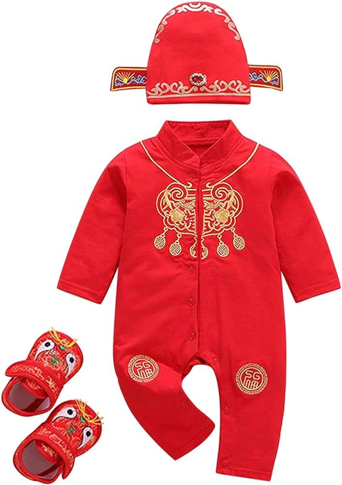 3PC Newborn Baby Girl Boy New Year Tang Suit Red Romper Bodysuit Hat Shoes Outfits | Amazon (US)