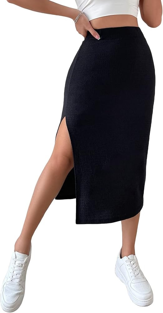 COZYEASE Women's Solid High Waisted Split Thigh Midi Skirt Ribbed Knit Bodycon Slit Skirts | Amazon (US)