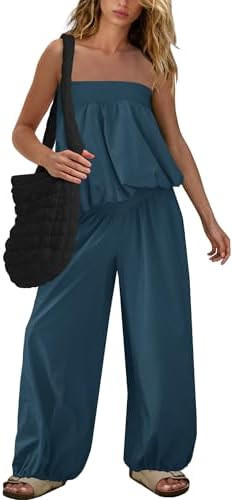 SENSERISE Pants Sets Women 2 Piece Outfits Bubble Off Shoulder Strapless Tube Top Wide Leg Pants ... | Amazon (US)