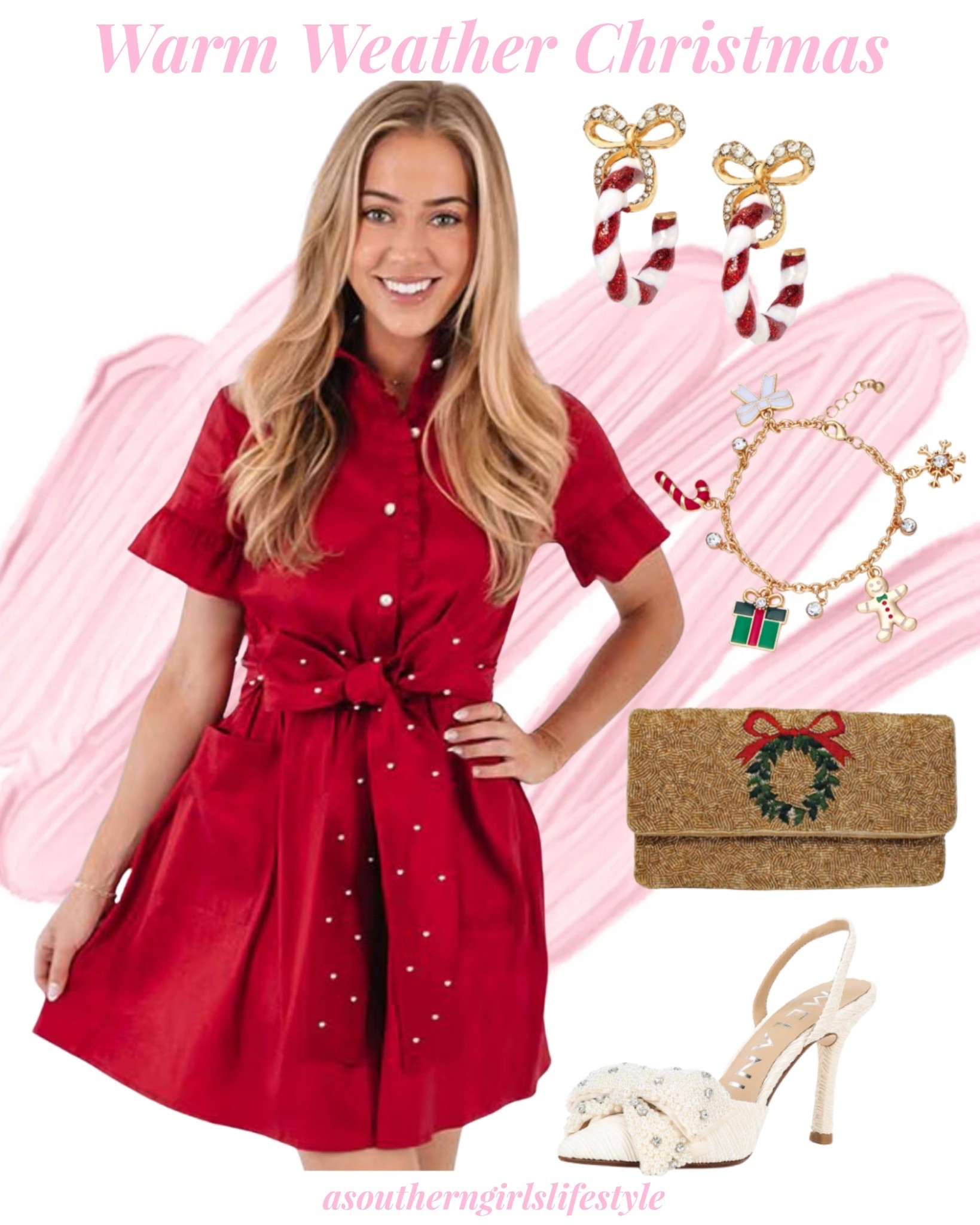 Warm Weather Christmas Outfit because in the South you never know!  Linked a beautiful on sale coat to layer over if the temps drop. Dress & Shoes can be worn all year! 

Short Sleeve Pearl Tie Dress, Bedazzled Bows with Candy Cane Striped Hoops, Gold Tone Christmas Charm Bracelet, Wreath Clutch & on Sale gorgeous Pearl Rhinestone Embellished Bow Dress Pumps

Christmas Dress. Red Dress  Sunday Best  

#LTKHoliday #LTKPetite #LTKSeasonal