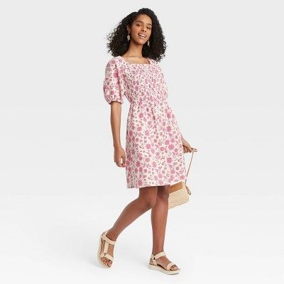 Women's Floral Print Puff Elbow Sleeve Smocked Dress - Universal Thread™ Cream | Target