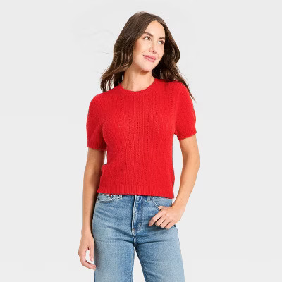 Women's Short Sleeve Pointelle Crewneck Pullover Sweater - Universal Thread™ Red XL | Target
