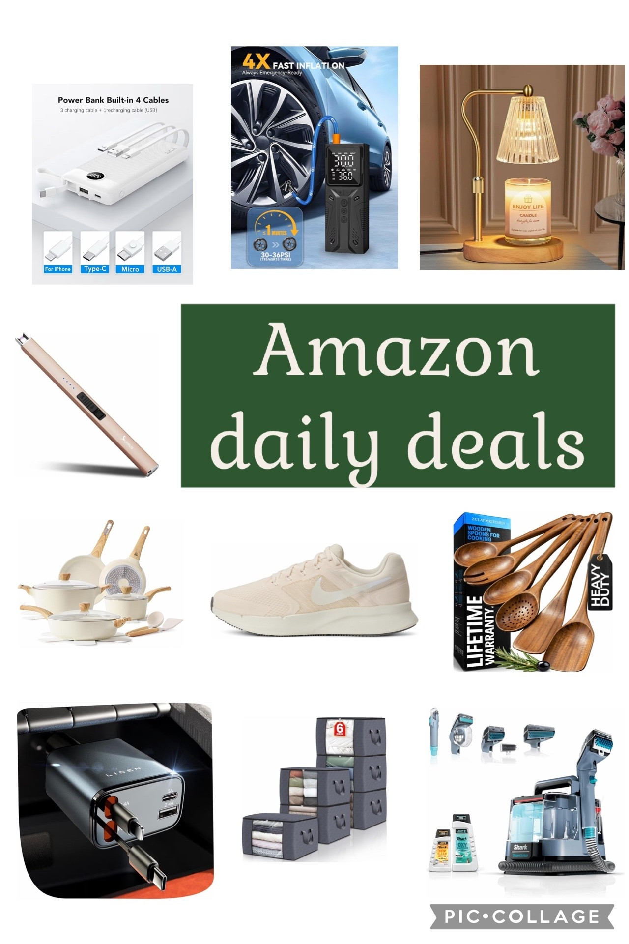 Amazon daily deals! 

Nike shoes wooden utensils kitchen rechargeable lighter cookware pots pans phone charger candle warmer tire inflator small shampooer storage cubes bags 

#LTKSaleAlert #LTKHome #LTKdayinmylife