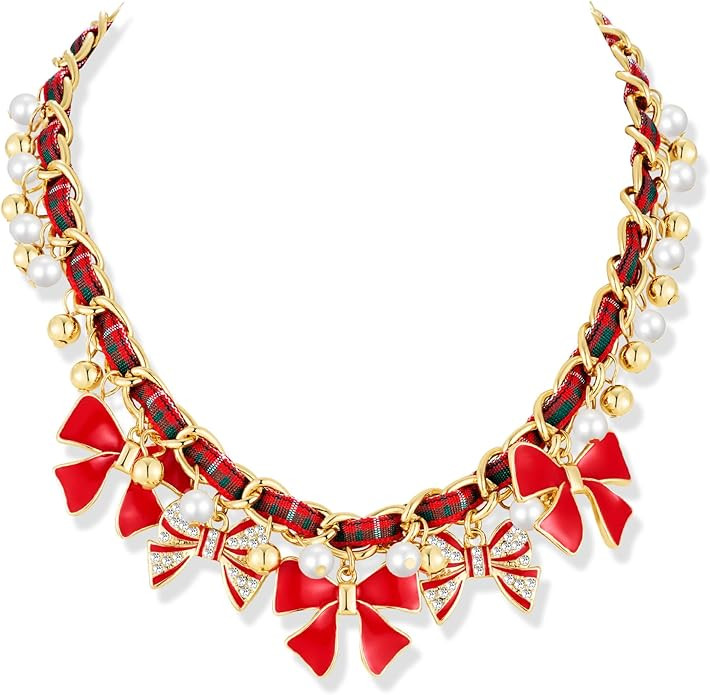 Christmas Necklace For Women - Gold Chain,Red Plaid,Pearl Necklace with Cute Xmas Charms Dainty C... | Amazon (US)