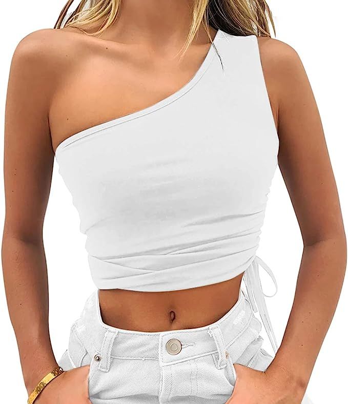 Vivitulip Women's Sexy Sleeveless Crop Tops Casual One Shoulder Drawstring Strappy Tees | Amazon (US)