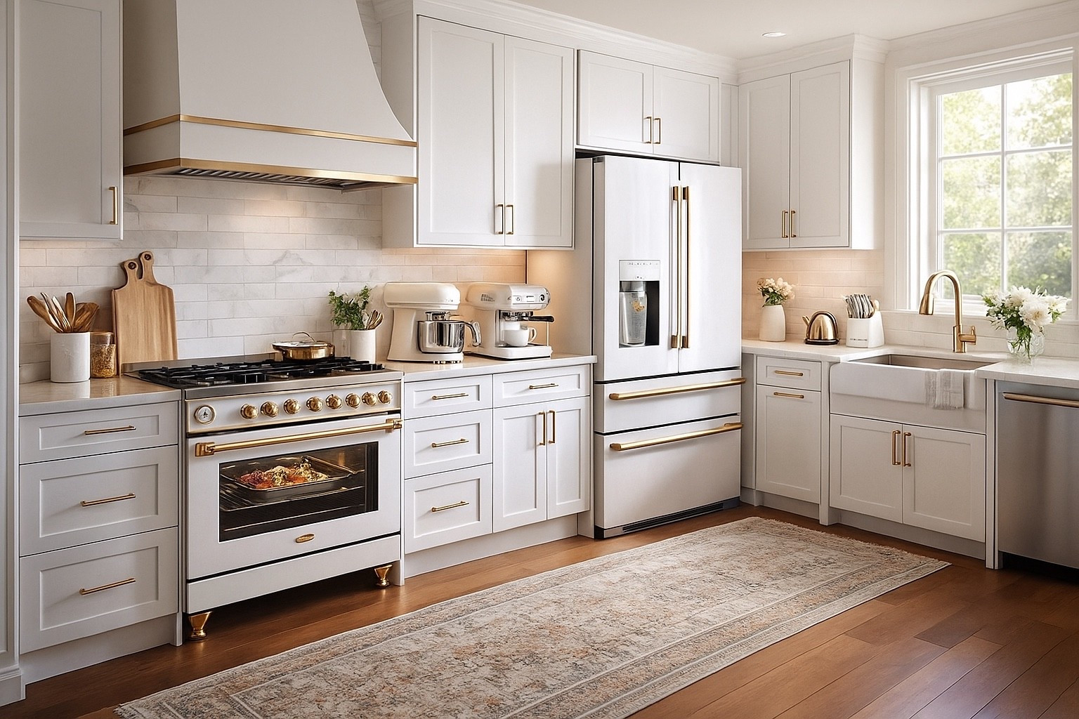 White & gold kitchen ideas you can actually shop. From the ILVE Nostalgie range to SMEG appliances, brushed-gold faucets, and a washable vintage runner, this roundup gives you everything you need to design a warm, modern, Pinterest-worthy kitchen. Save this for your remodel or future inspo.