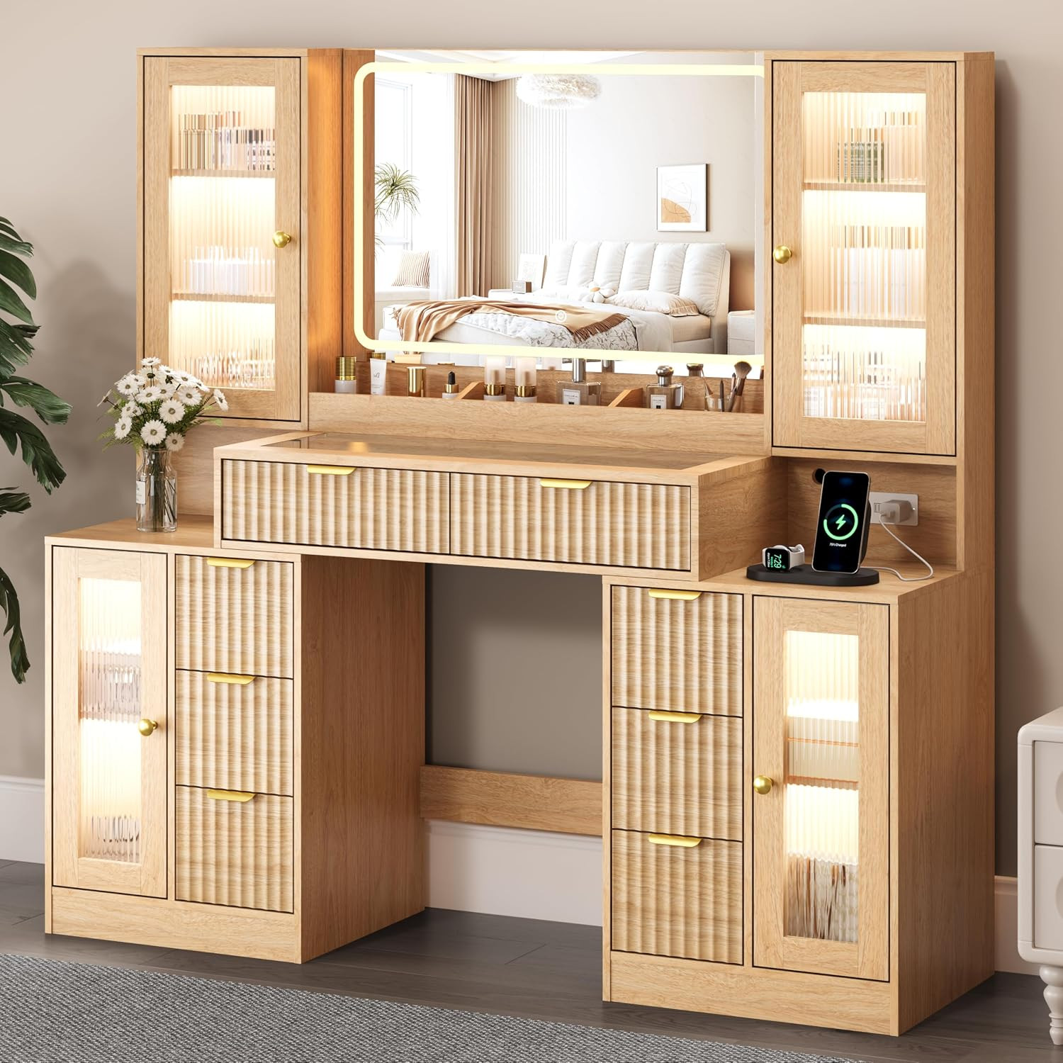 55" Vanity Desk with Mirror & Lights, Fluted Makeup Vanity with 8 Drawers & 4 Cabinets, Tempered Glass Top, RGB Cabinet Lighting, 3-Color Dimmable Mirror, and Charging Station | Amazon (US)