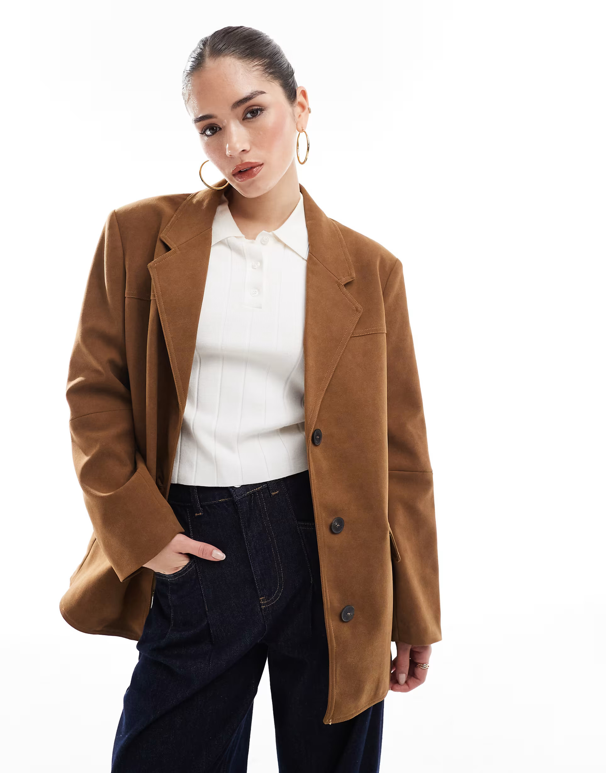 Bershka oversized faux suede blazer in tan | ASOS (Global)