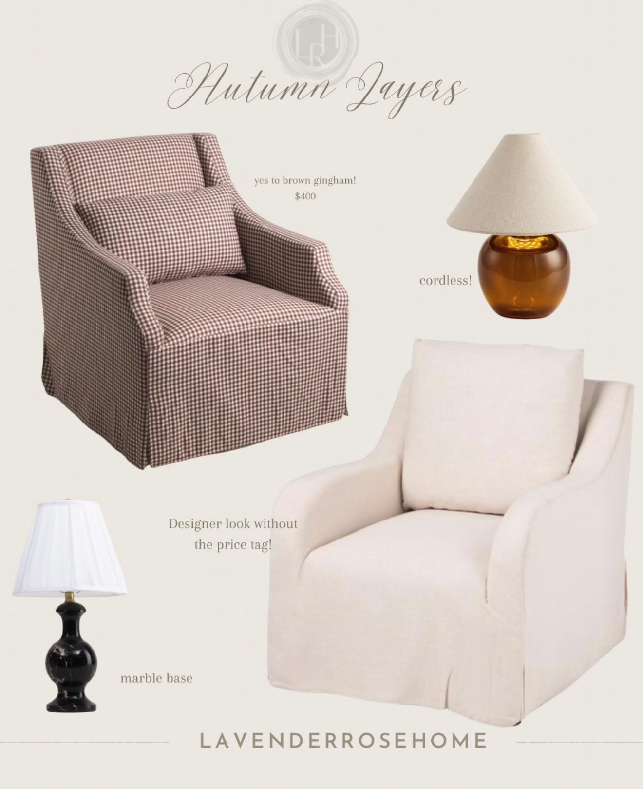 Autumn layers in warm, timeless neutrals 🤎 Brown gingham swivel armchair, neutral slipcovered chair, amber glass cordless lamp, and a beautiful marble base lamp - classic pieces for a cozy, collected home.

#LTKHome
