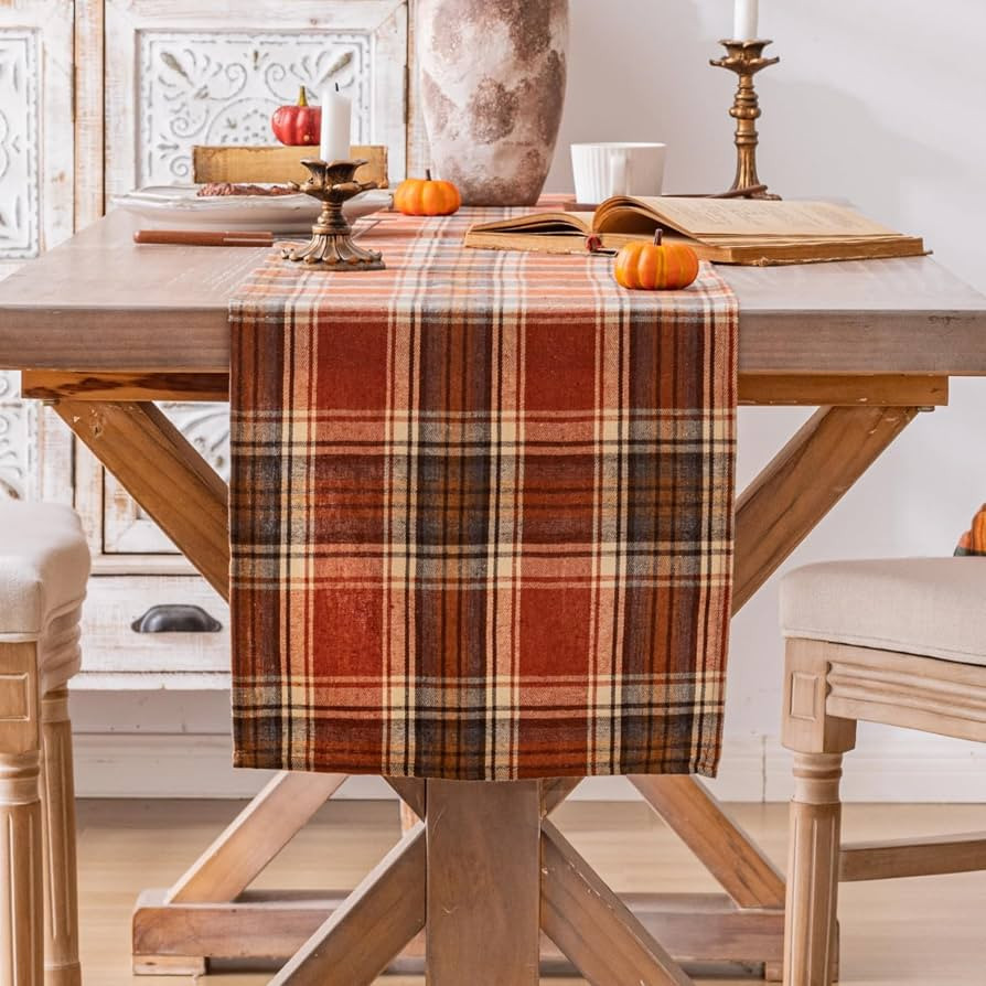 AQOTHES Plaid Fall Thanksgiving Rust Orange Table Runners 72 inches Long | Amazon (US)