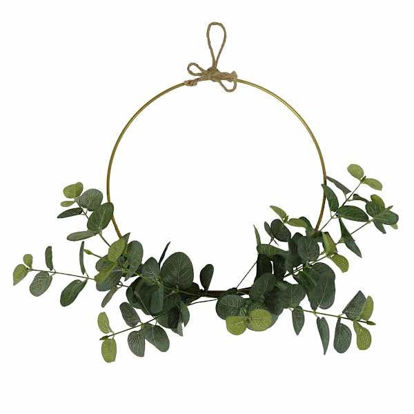 Eucalyptus Half Wreath With Gold Metal Hoop, 16", Green, Polyester, sold by At Home | At Home