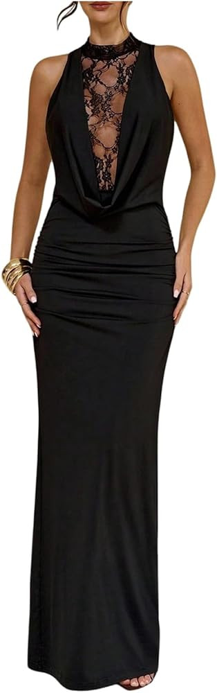SweatyRocks Women's Lace Patchwork Maxi Formal Dresses Draped Sleeveless Party Night Out Bodycon ... | Amazon (US)