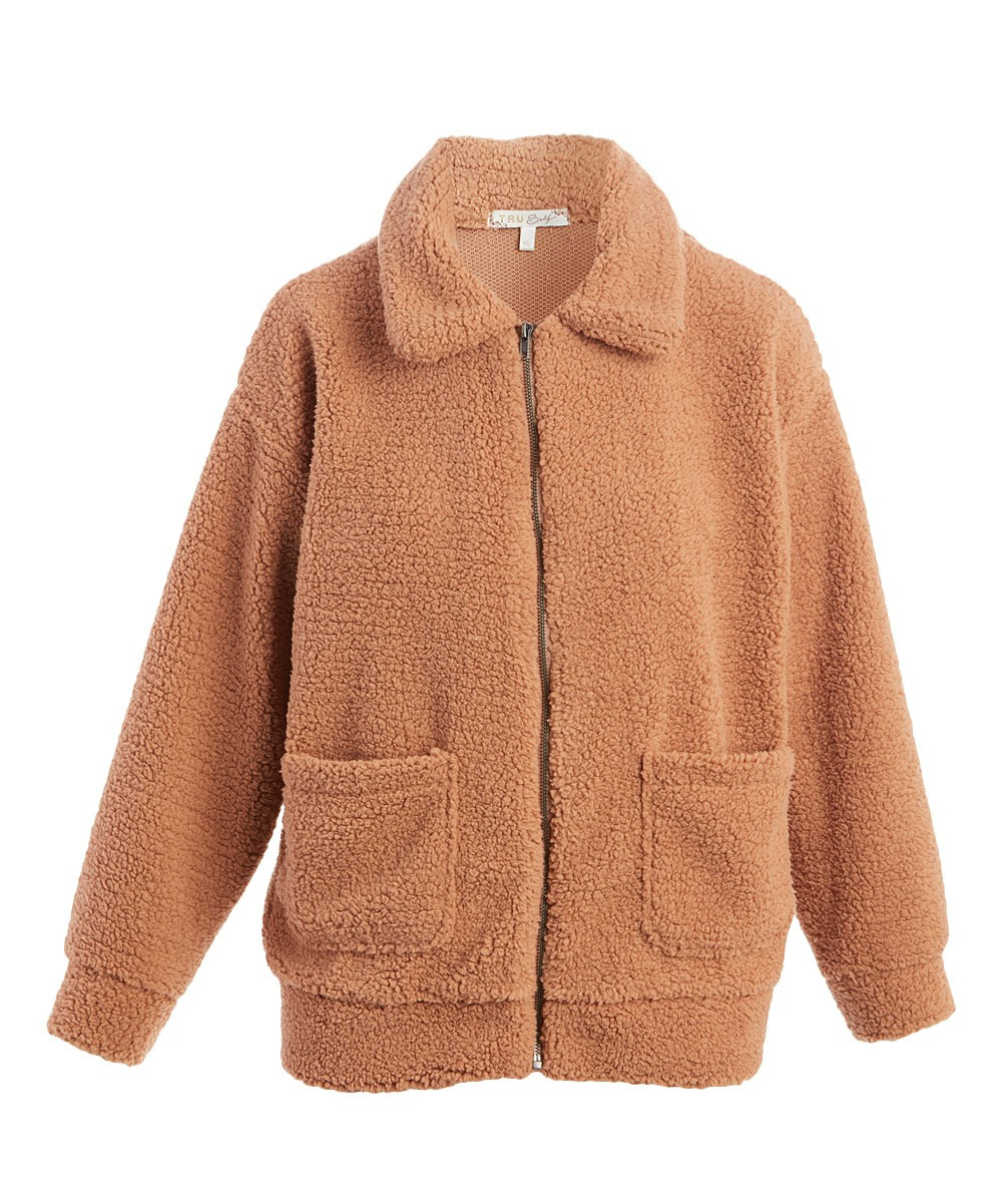 Tru Self Women's Non-Denim Casual Jackets MACAROON - Macaroon Fuzzy Woobie Collared Zip-Up Teddy Bea | Zulily