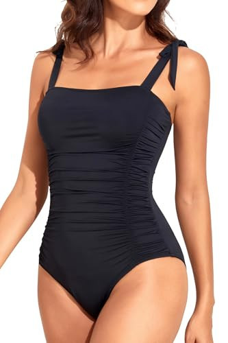 Tempt Me Women Black One Piece Swimsuits Ruched Slimming Bathing Suits Vintage Swimwear XS | Amazon (US)