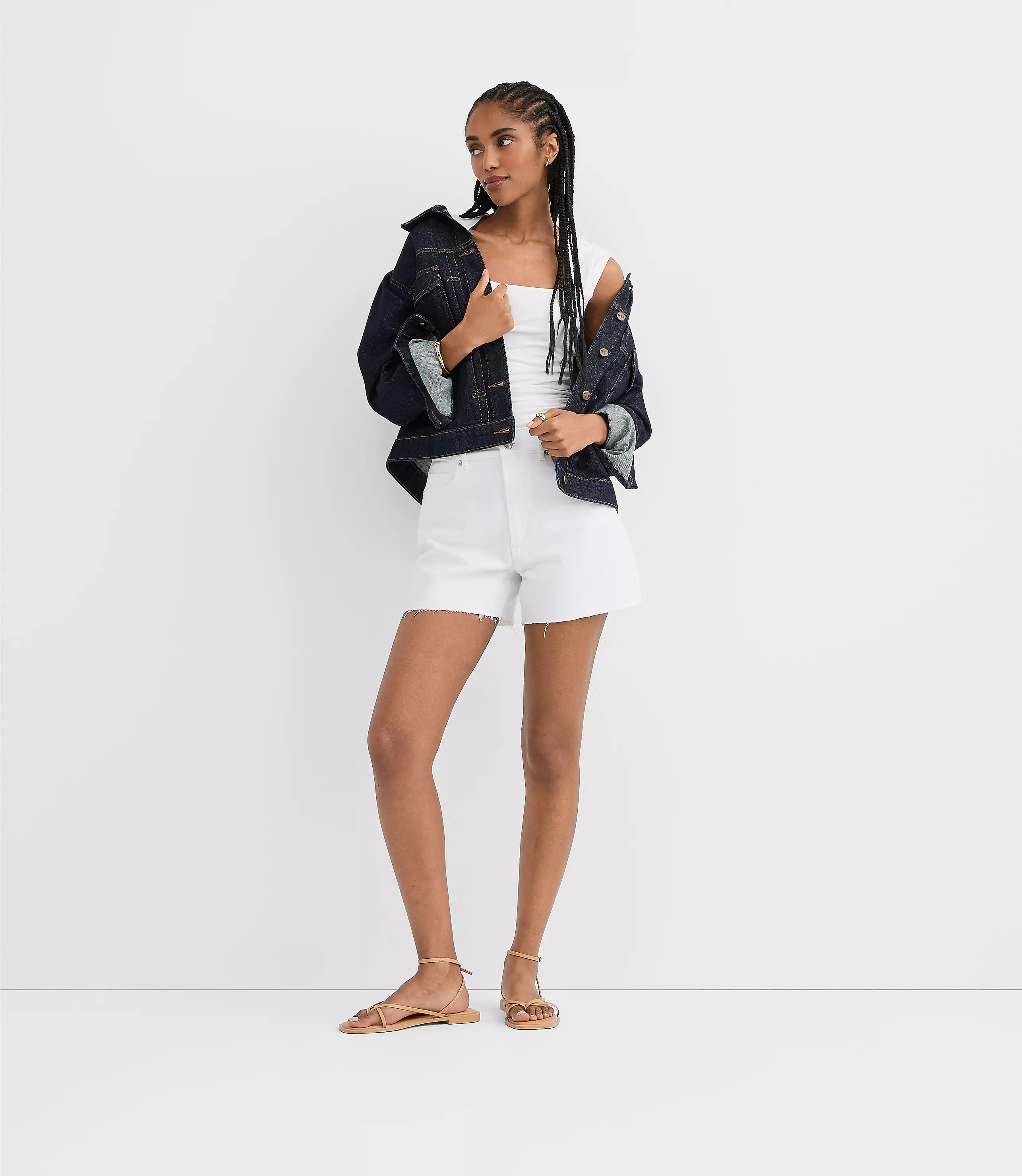 Rivete High Rise Cut Off Denim Shorts in White | LOFT