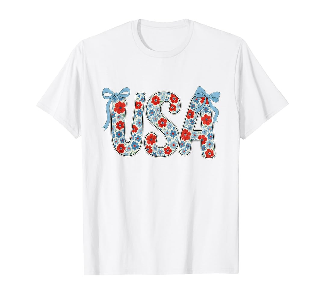 Floral USA Coquette Bow Patriotic 4th of July Woman Girls T-Shirt | Amazon (US)
