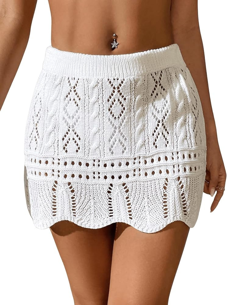 Verdusa Women's Hollow Out Knit Scalloped Elastic Waist Swimsuit Beach Cover Up Mini Skirt | Amazon (US)