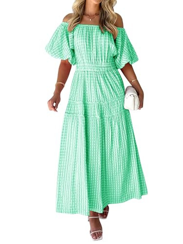 MASCOMODA Spring Dresses for Women 2024 Off Shoulder Short Puff Sleeve Maxi Dress Flowy A Line Smocked Ruffle Midi Dresses(Green,Medium) | Amazon (US)