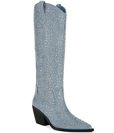 Azalea Wang Louella Denim Rhinestone Tall Western Boots - 9 | Dillard's