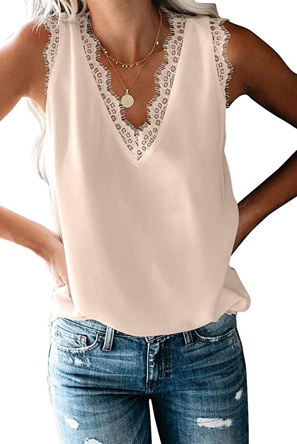 lime flare Dressy Popular Summer Lace Trim Sleeveless Cami Tank Tops | Amazon (US)