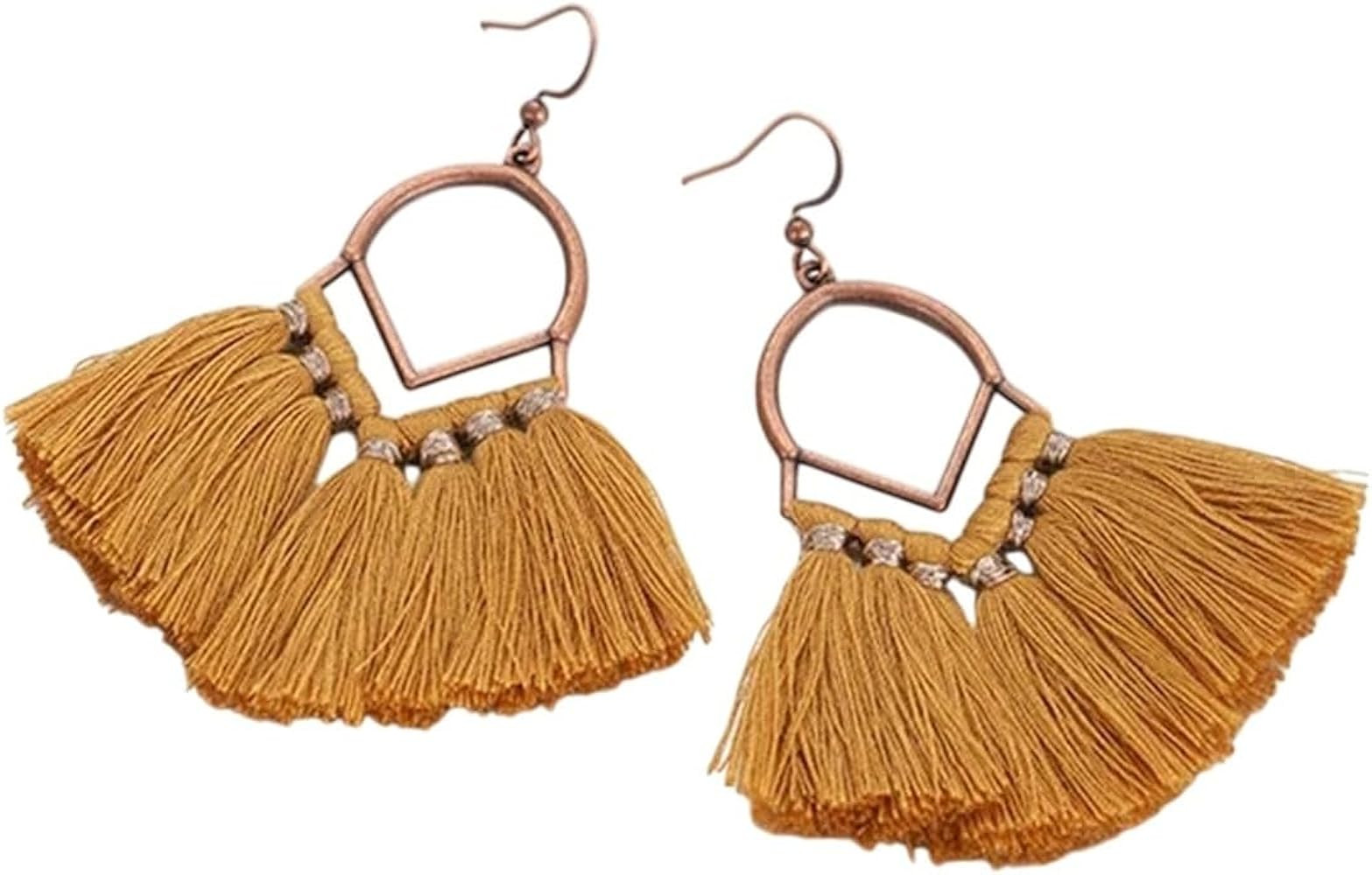 Fringed Wedding Earrings Retro Geometric Handmade Cotton Tassel Earrings Women's Fashion Jewelry | Amazon (US)