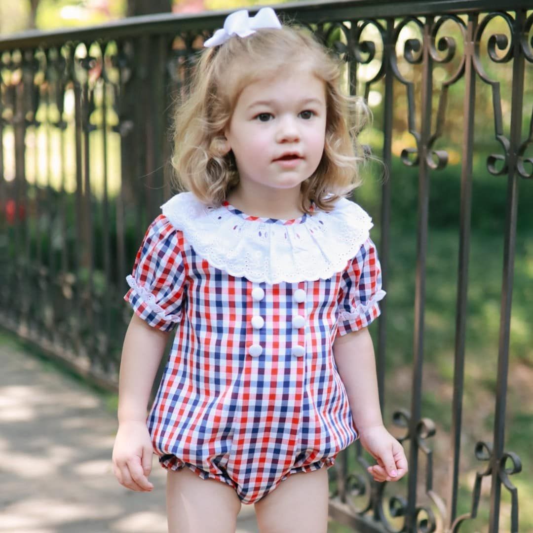 Navy and Red Check Girls Bubble with Eyelet Collar | Eliza James Kids