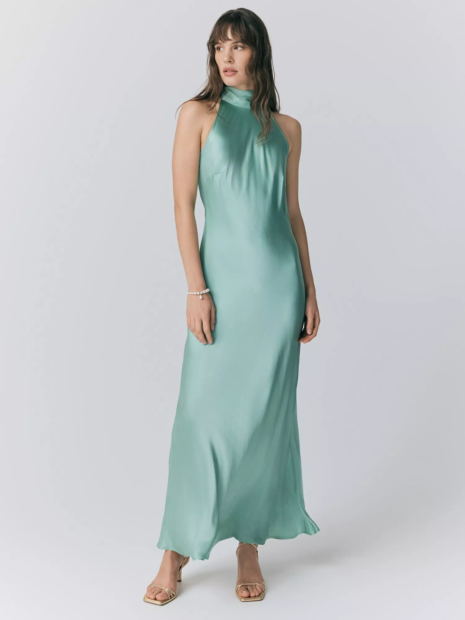 Ghost Amaia Halterneck Satin Midi Dress | John Lewis (UK)