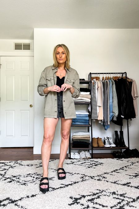 Travel outfit. Vacation outfit. Summer outfit. Spring outfit. Spring outfits. Casual outfit. Casual outfits. 

Sizing
Jacket is older, but I linked similar options.
Bodysuit is a medium.
Denim shorts are a 6 (a size up from my usual size 4/27).
Go up a full size in the sandals.

#LTKunder100 #LTKstyletip #LTKunder50